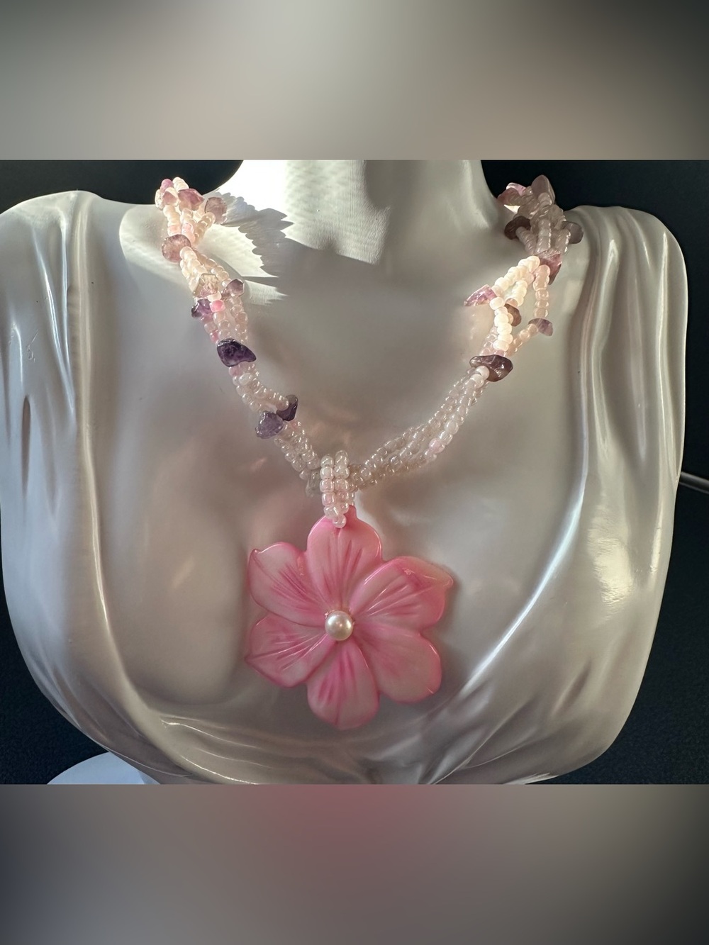 Handmade Pink Floral Shell Pendant On Layered White Bead, Amethyst Chip Necklace